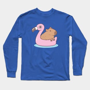 Cute Capybara Chillin On Flamingo Pool Float Long Sleeve T-Shirt